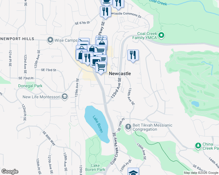 map of restaurants, bars, coffee shops, grocery stores, and more near 7426 Newcastle Golf Club Road in Renton