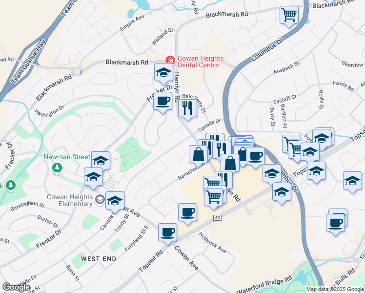 map of restaurants, bars, coffee shops, grocery stores, and more near 33 Canada Drive in St. John's