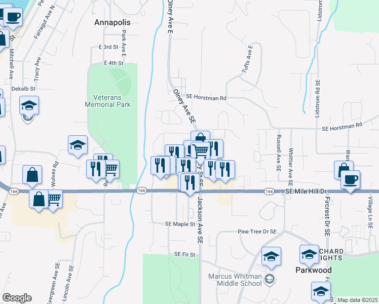 map of restaurants, bars, coffee shops, grocery stores, and more near 3010 Huntington Street in Port Orchard