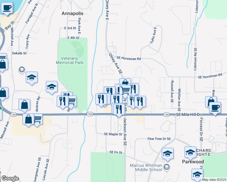 map of restaurants, bars, coffee shops, grocery stores, and more near 2998 Huntington Street in Port Orchard