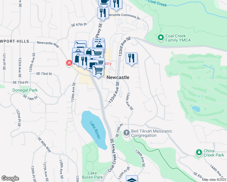 map of restaurants, bars, coffee shops, grocery stores, and more near 7426 Newcastle Golf Club Road in Renton