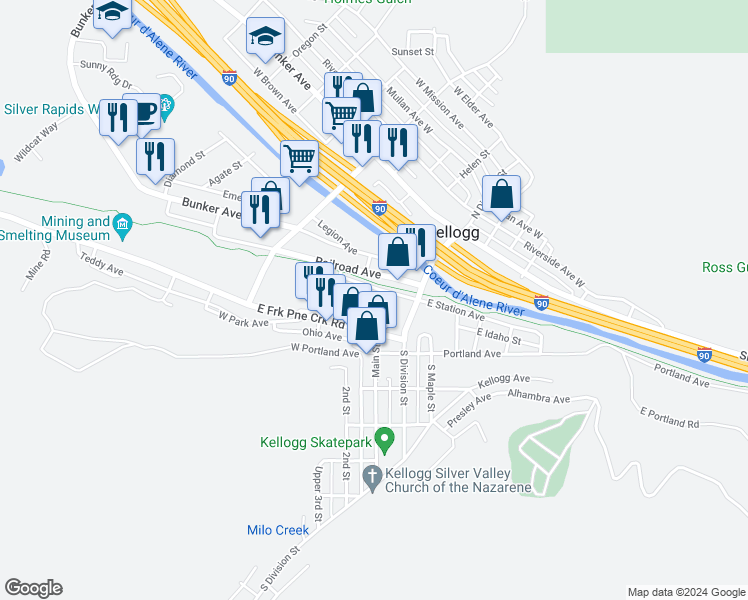 map of restaurants, bars, coffee shops, grocery stores, and more near 108 West Idaho Avenue in Kellogg