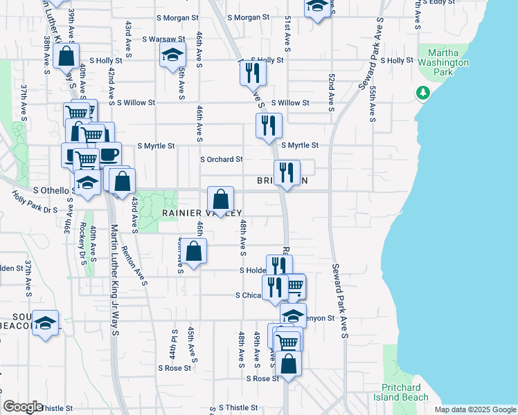 map of restaurants, bars, coffee shops, grocery stores, and more near 7305 Rainier Avenue South in Seattle