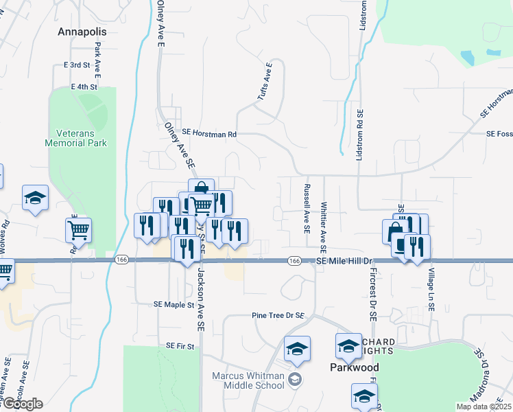 map of restaurants, bars, coffee shops, grocery stores, and more near 3402 Southeast Orlando Street in Port Orchard