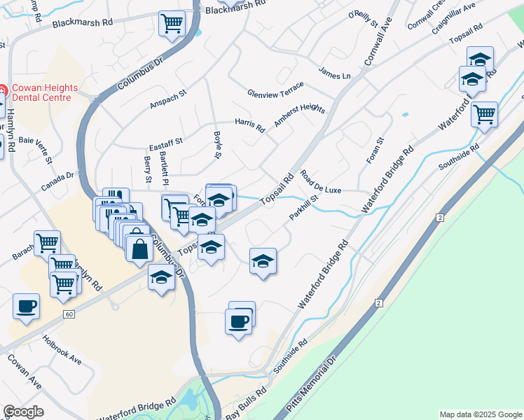 map of restaurants, bars, coffee shops, grocery stores, and more near 2 Carriage Lane in St. John's