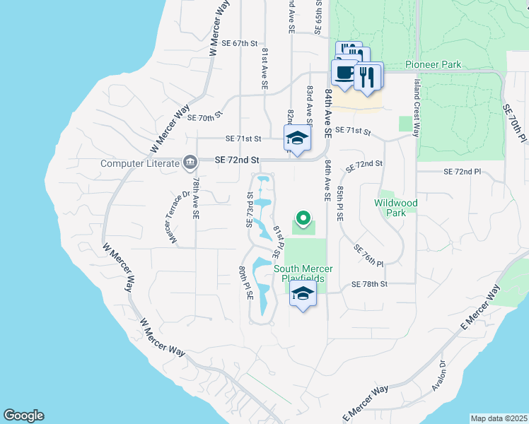 map of restaurants, bars, coffee shops, grocery stores, and more near 7425 81st Place Southeast in Mercer Island