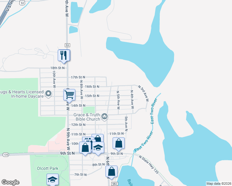 map of restaurants, bars, coffee shops, grocery stores, and more near 503 15th Street North in Virginia
