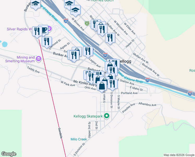 map of restaurants, bars, coffee shops, grocery stores, and more near 210 Flume Avenue in Kellogg