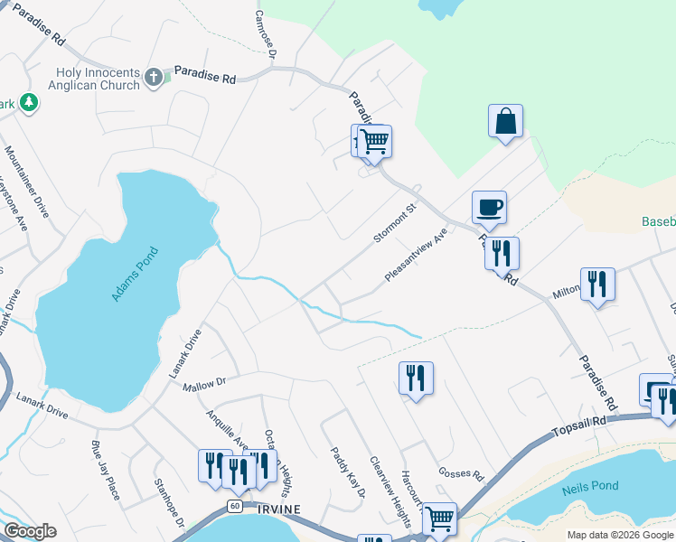map of restaurants, bars, coffee shops, grocery stores, and more near Stormont Street in Paradise