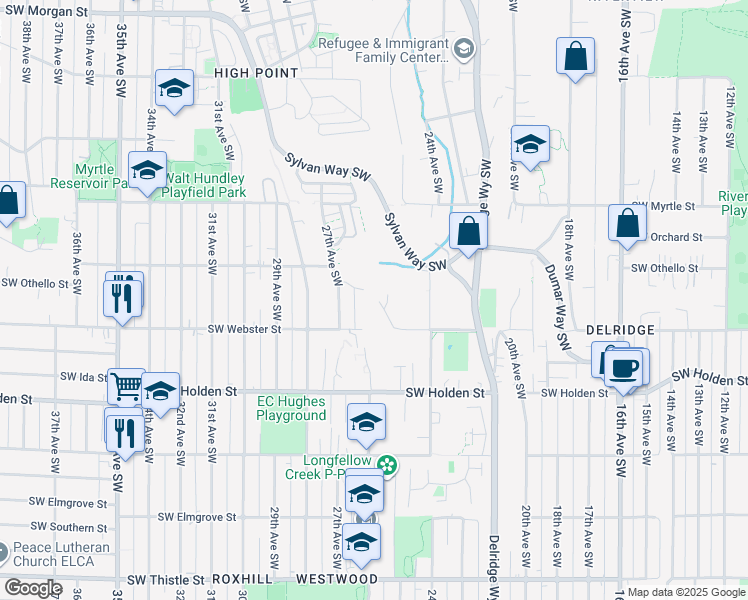 map of restaurants, bars, coffee shops, grocery stores, and more near 2470 Southwest Webster Street in Seattle