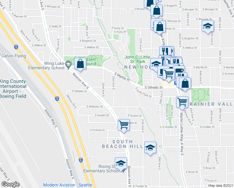 map of restaurants, bars, coffee shops, grocery stores, and more near 7315 35th Avenue South in Seattle