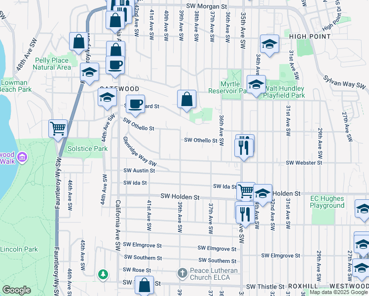 map of restaurants, bars, coffee shops, grocery stores, and more near 7314 39th Avenue Southwest in Seattle