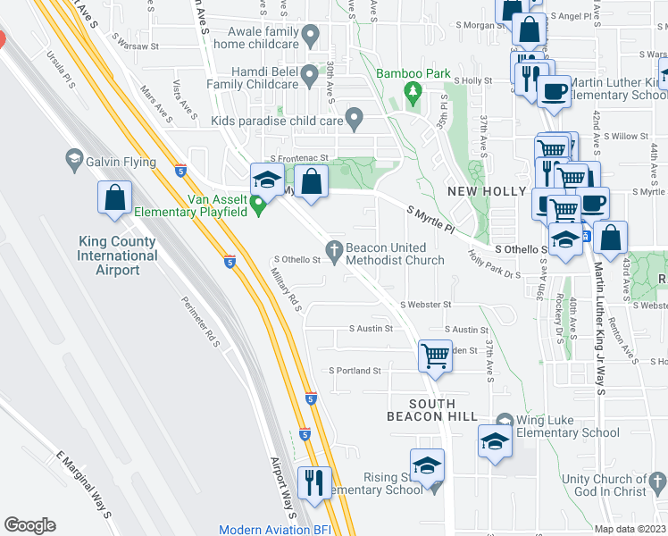 map of restaurants, bars, coffee shops, grocery stores, and more near 7301 Beacon Avenue South in Seattle