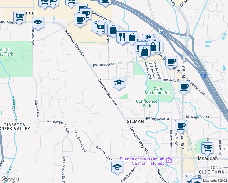map of restaurants, bars, coffee shops, grocery stores, and more near 555 Northwest Holly Street in Issaquah