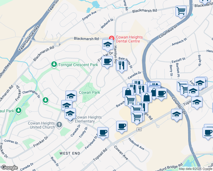map of restaurants, bars, coffee shops, grocery stores, and more near 53 A Greenspond Drive in St. John's