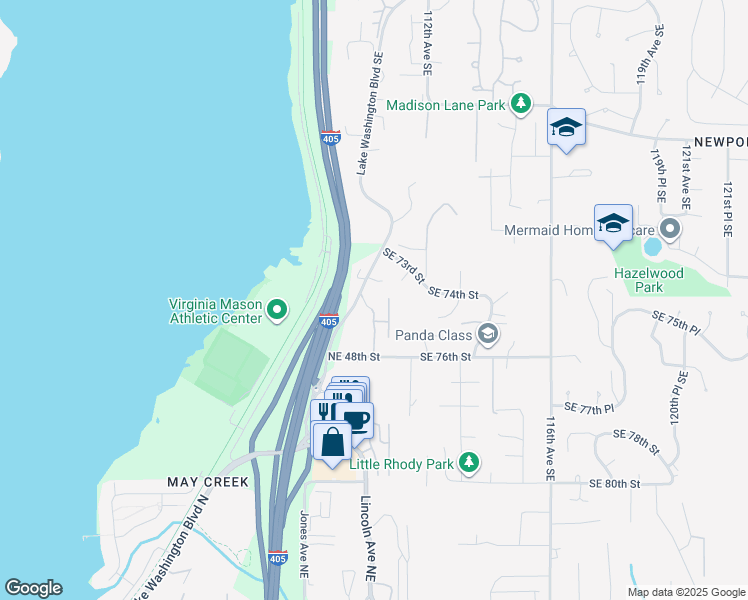 map of restaurants, bars, coffee shops, grocery stores, and more near 1900 Northeast 48th Street in Newcastle