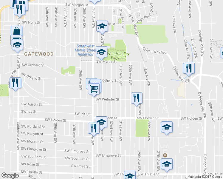 map of restaurants, bars, coffee shops, grocery stores, and more near 7329 32nd Ave SW in Seattle