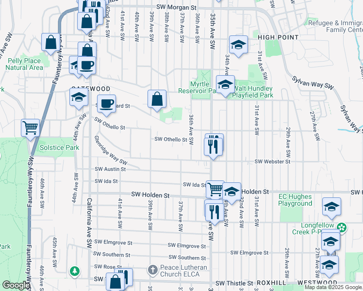 map of restaurants, bars, coffee shops, grocery stores, and more near 3613 Southwest Othello Street in Seattle