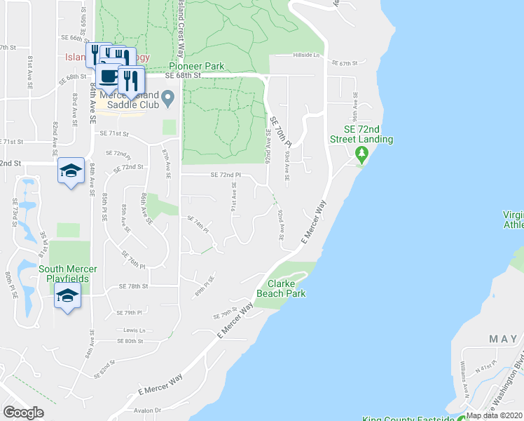 map of restaurants, bars, coffee shops, grocery stores, and more near 7401 92nd Place Southeast in Mercer Island