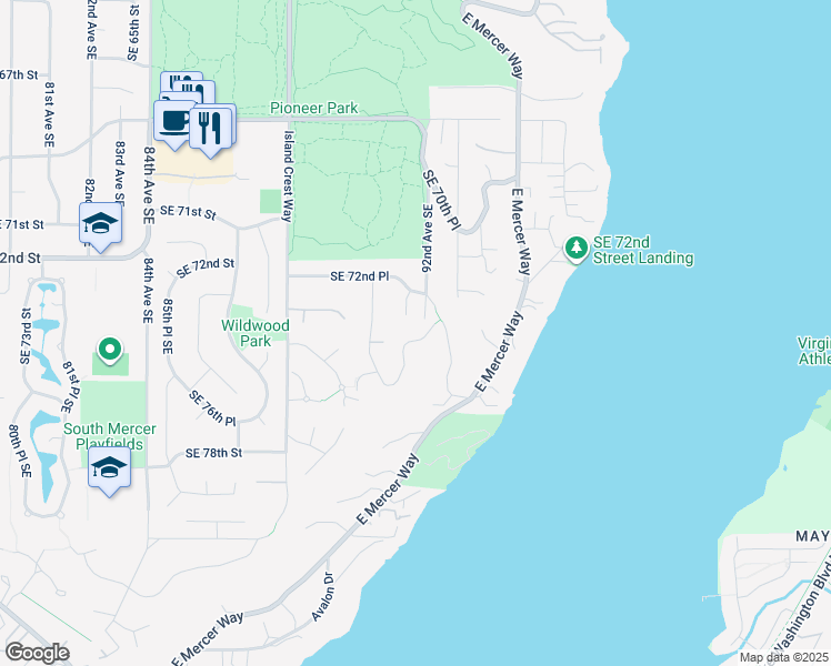 map of restaurants, bars, coffee shops, grocery stores, and more near 7401 92nd Place Southeast in Mercer Island