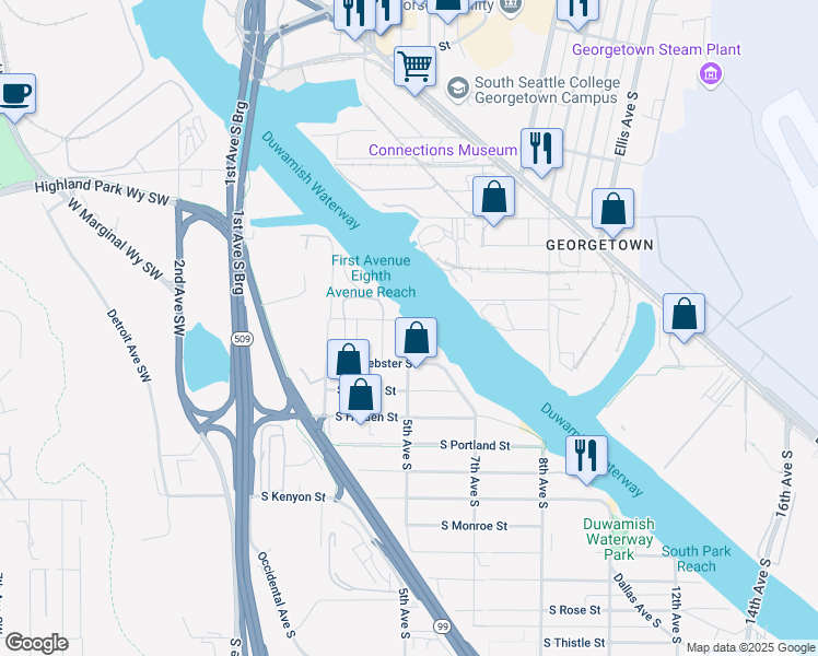 map of restaurants, bars, coffee shops, grocery stores, and more near 498 South Fontanelle Street in Seattle
