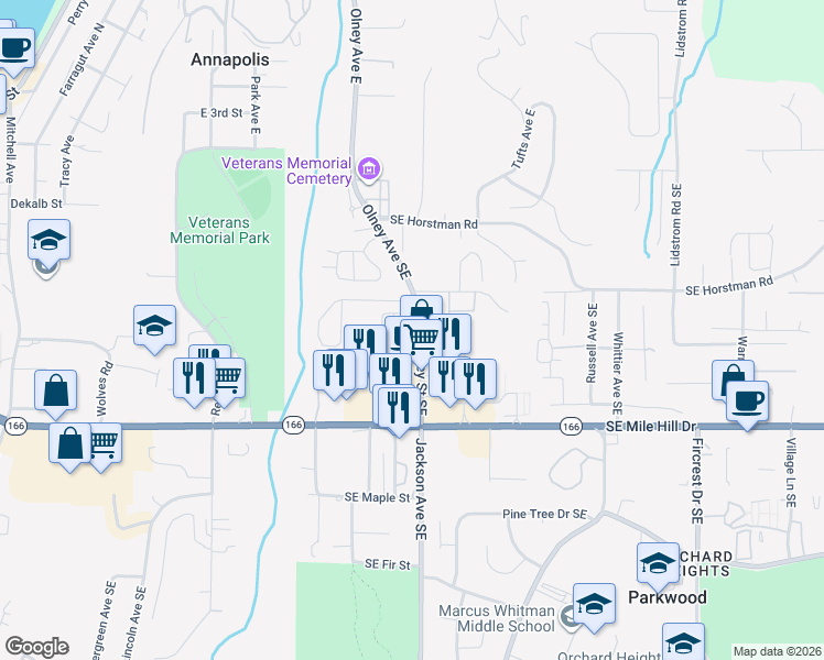 map of restaurants, bars, coffee shops, grocery stores, and more near 747 Glenmore Loop in Port Orchard