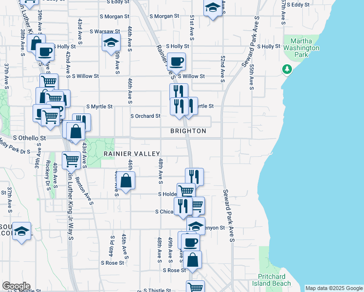 map of restaurants, bars, coffee shops, grocery stores, and more near 7305 Rainier Avenue South in Seattle