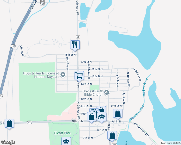 map of restaurants, bars, coffee shops, grocery stores, and more near 1615 North 8th Avenue West in Virginia