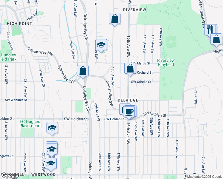 map of restaurants, bars, coffee shops, grocery stores, and more near 7315 Dumar Way Southwest in Seattle