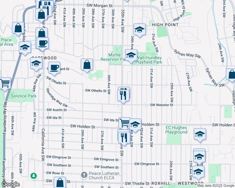 map of restaurants, bars, coffee shops, grocery stores, and more near 7327 35th Avenue Southwest in Seattle