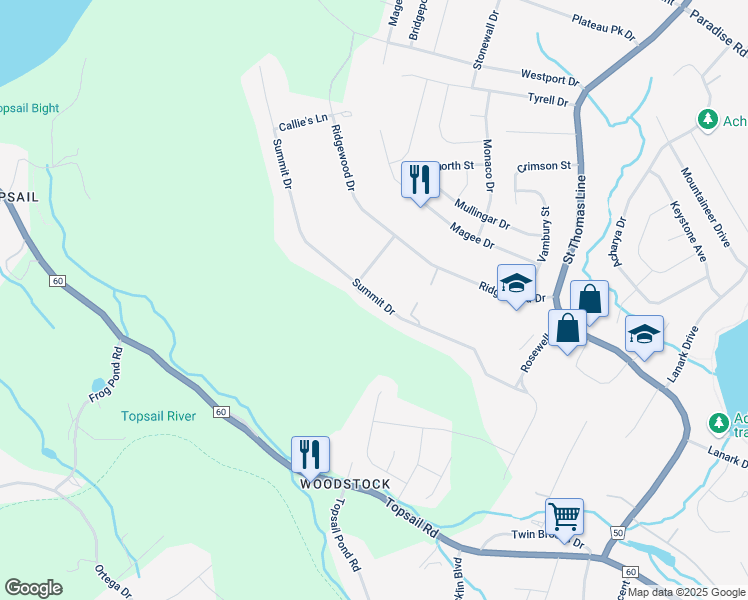 map of restaurants, bars, coffee shops, grocery stores, and more near 95 Summit Drive in Paradise
