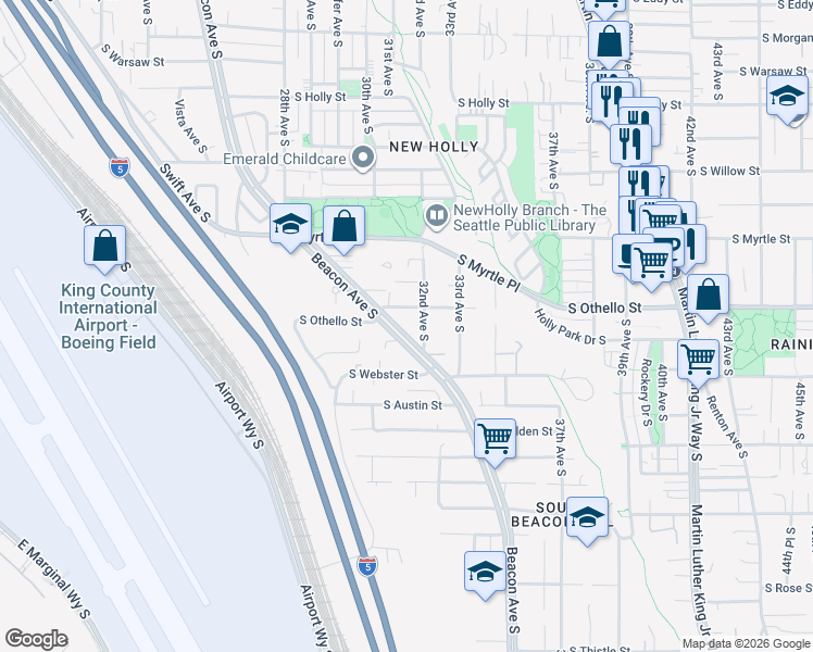 map of restaurants, bars, coffee shops, grocery stores, and more near 7300 Beacon Avenue South in Seattle