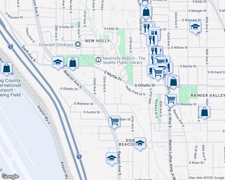 map of restaurants, bars, coffee shops, grocery stores, and more near 7315 35th Avenue South in Seattle