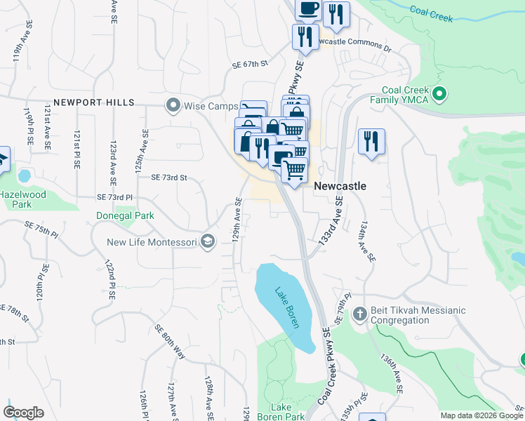 map of restaurants, bars, coffee shops, grocery stores, and more near 7311 Coal Creek Parkway Southeast in Newcastle