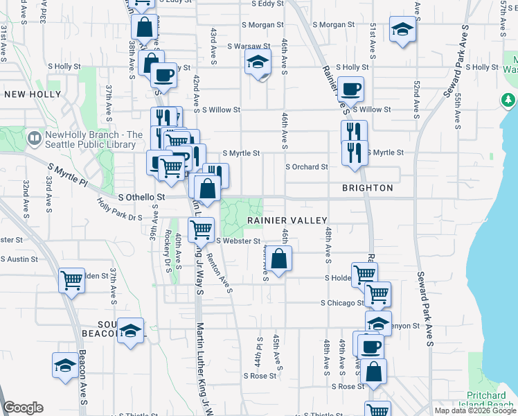map of restaurants, bars, coffee shops, grocery stores, and more near 4351 South Othello Street in Seattle