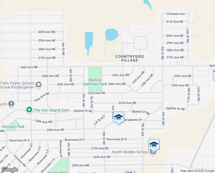 map of restaurants, bars, coffee shops, grocery stores, and more near 608 34th Avenue Northeast in Great Falls