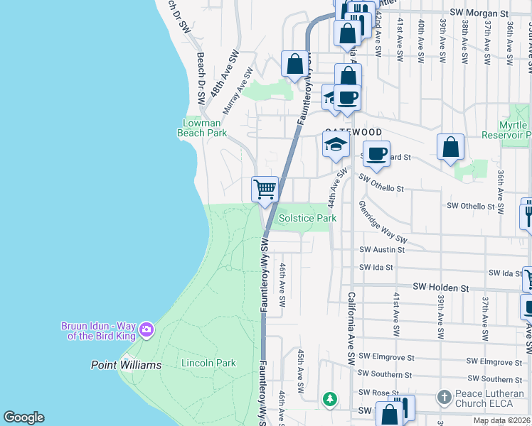 map of restaurants, bars, coffee shops, grocery stores, and more near 7427 Fauntleroy Way Southwest in Seattle