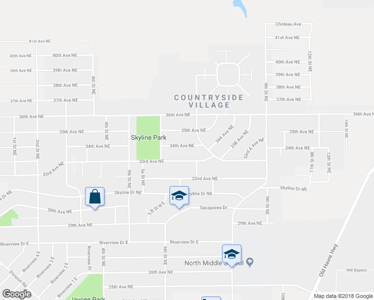 map of restaurants, bars, coffee shops, grocery stores, and more near 628 34th Avenue Northeast in Great Falls