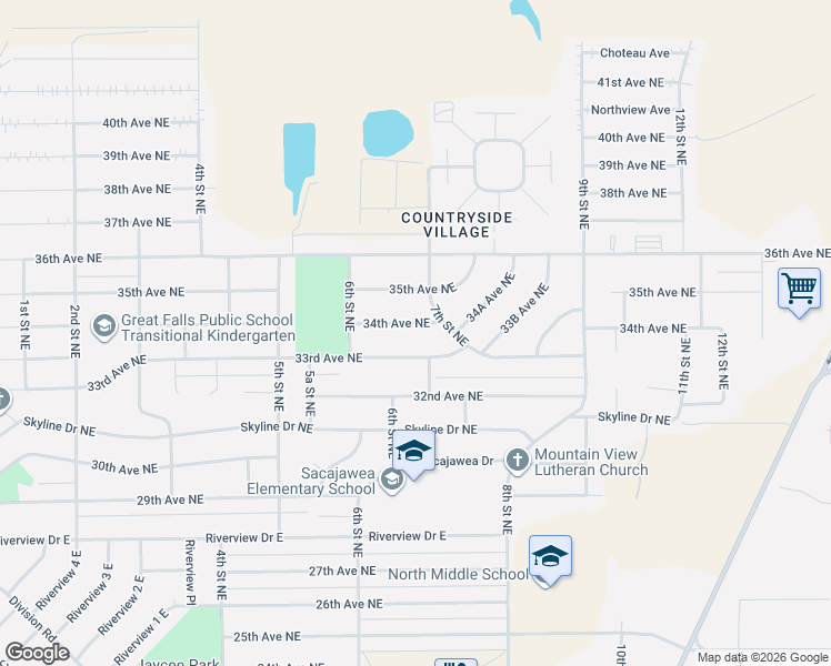 map of restaurants, bars, coffee shops, grocery stores, and more near 628 34th Ave NE in Great Falls