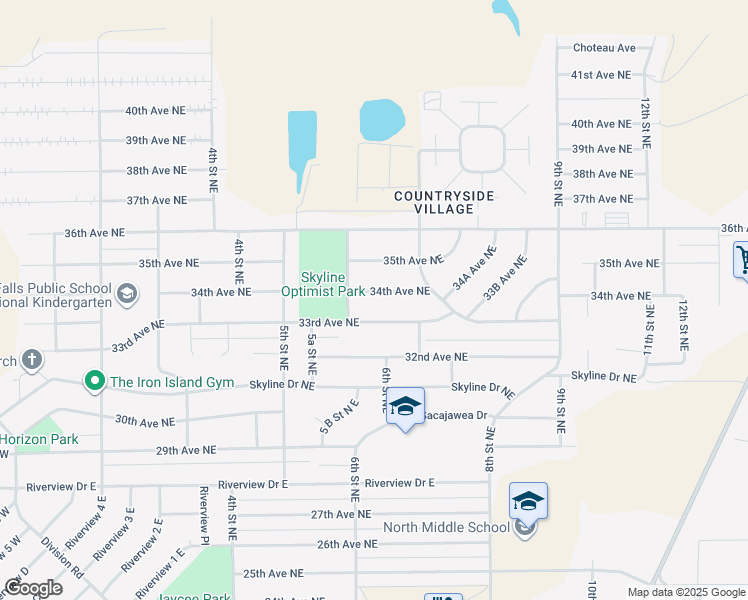 map of restaurants, bars, coffee shops, grocery stores, and more near 608 34th Avenue Northeast in Great Falls