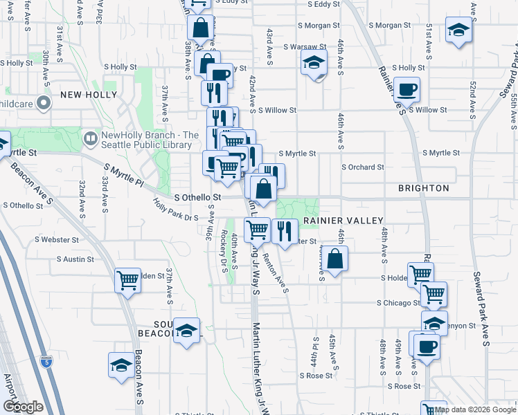 map of restaurants, bars, coffee shops, grocery stores, and more near 4219 South Othello Street in Seattle