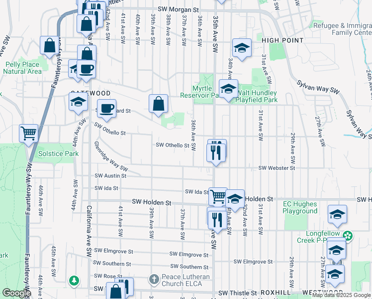 map of restaurants, bars, coffee shops, grocery stores, and more near 3613 Southwest Othello Street in Seattle