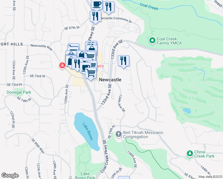 map of restaurants, bars, coffee shops, grocery stores, and more near 7410 Newcastle Golf Club Road in Newcastle