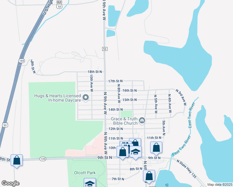 map of restaurants, bars, coffee shops, grocery stores, and more near 1615 North 8th Avenue West in Virginia