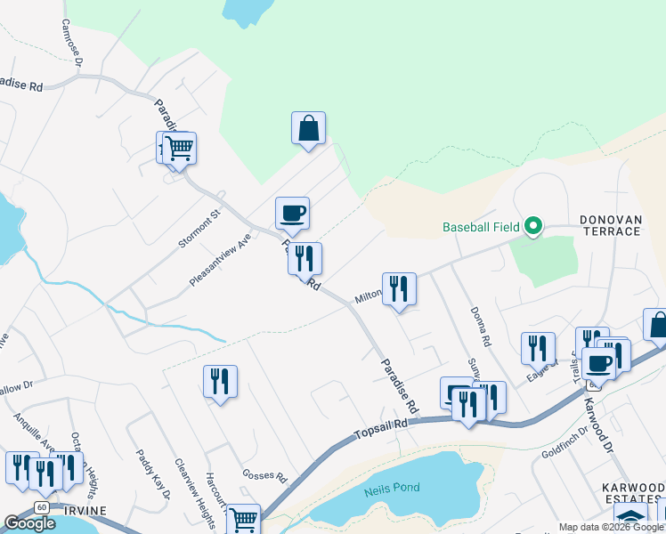 map of restaurants, bars, coffee shops, grocery stores, and more near 15 Husseys Road in Paradise