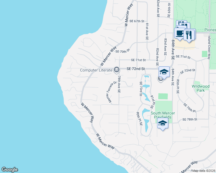 map of restaurants, bars, coffee shops, grocery stores, and more near 7409 Mercer Terrace Drive in Mercer Island