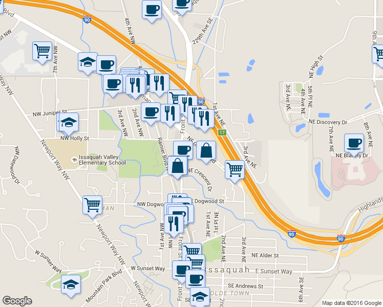 map of restaurants, bars, coffee shops, grocery stores, and more near 640 Front Street North in Issaquah