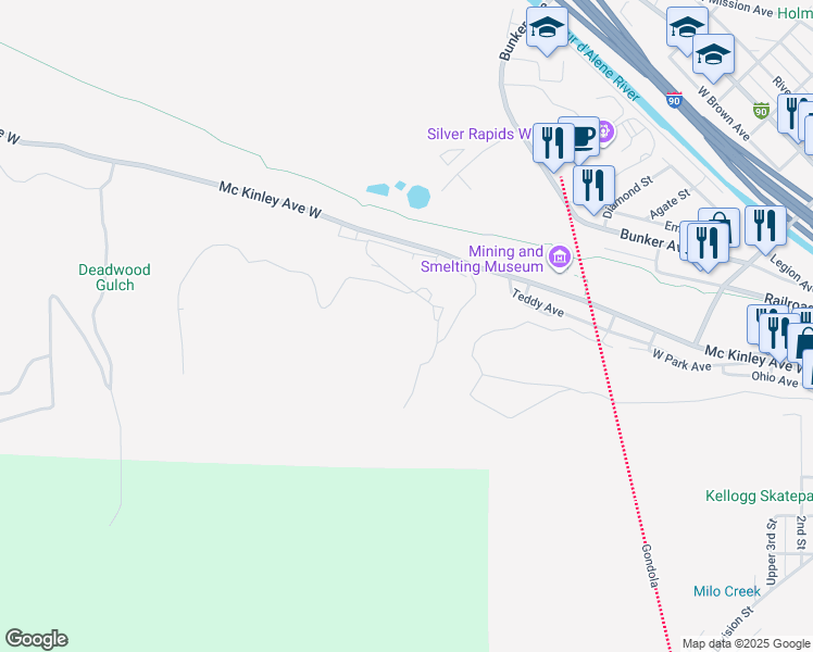 map of restaurants, bars, coffee shops, grocery stores, and more near 1 Mine Road in Kellogg