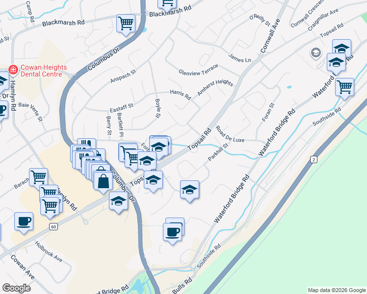 map of restaurants, bars, coffee shops, grocery stores, and more near 2 Carriage Lane in St. John's