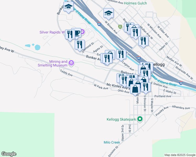 map of restaurants, bars, coffee shops, grocery stores, and more near 501 Mc Kinley Avenue West in Kellogg